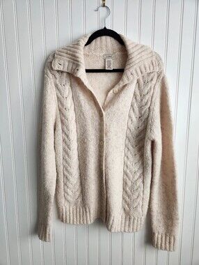 L.L.BEAN Cream Acrylic Wool Blend Cable Knit Button Up Coastal Sweater Medium